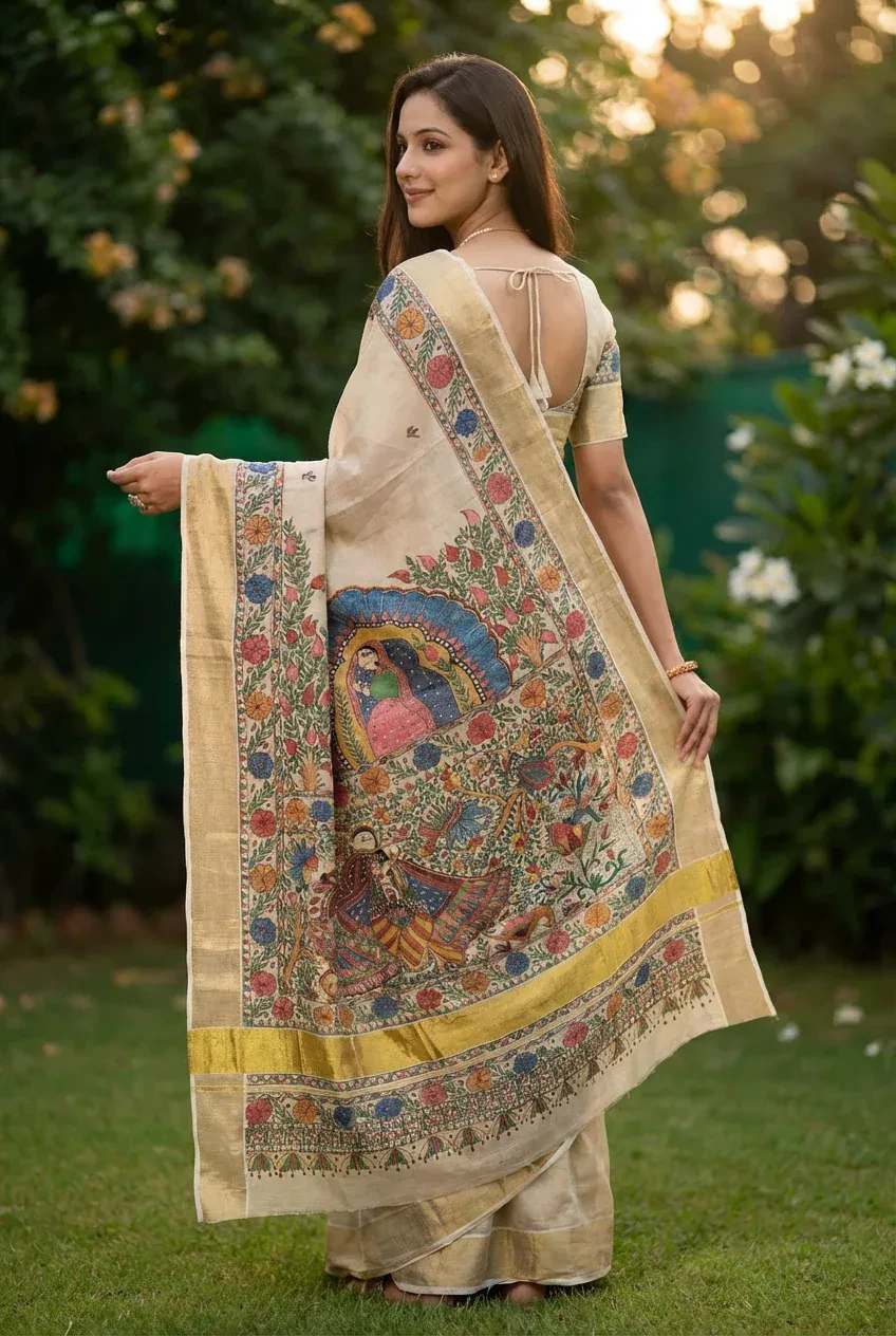 Demo Cotton Jamdani Saree — Ivory Indigo — supplied Sritantu saree view 1